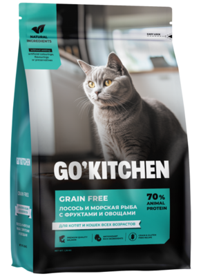 Go`Kitchen Grain Free Cat Salmon & Seafish (лосось и морская рыба) – сухой корм для котят и кошек всех пород
