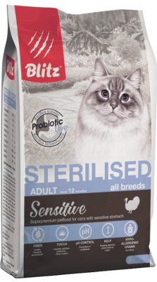 Blitz Sensitive Sterilised Cat Turkey - сухой корм для стерилизованных кошек и кастрированных котов всех пород